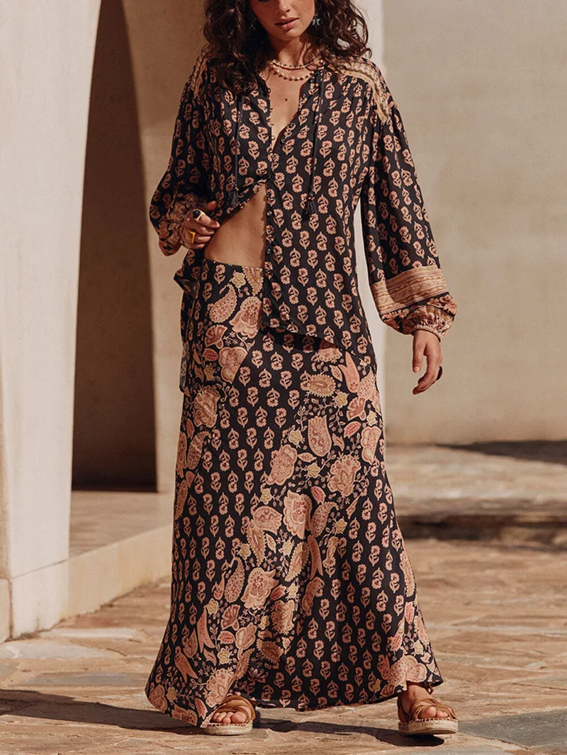 Boho Printed Draped Loose Shirt And High-Waist Maxi Skirt Set