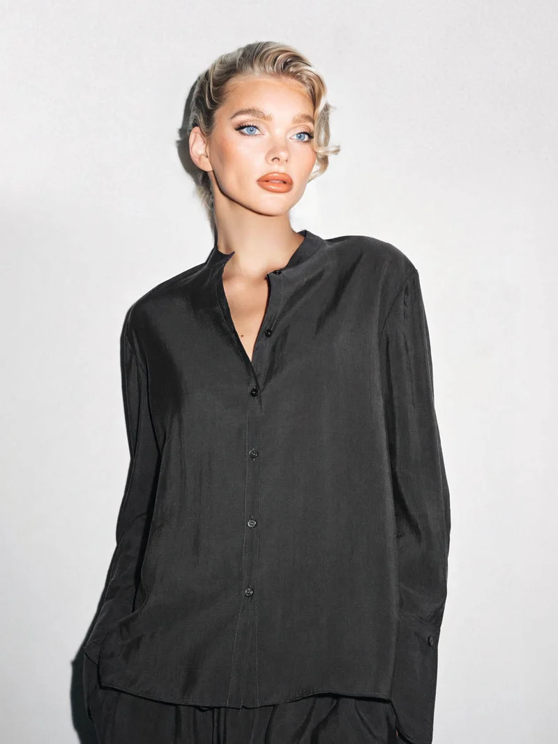Minimalist Black Satin Shirt & Drawstring Pants Set