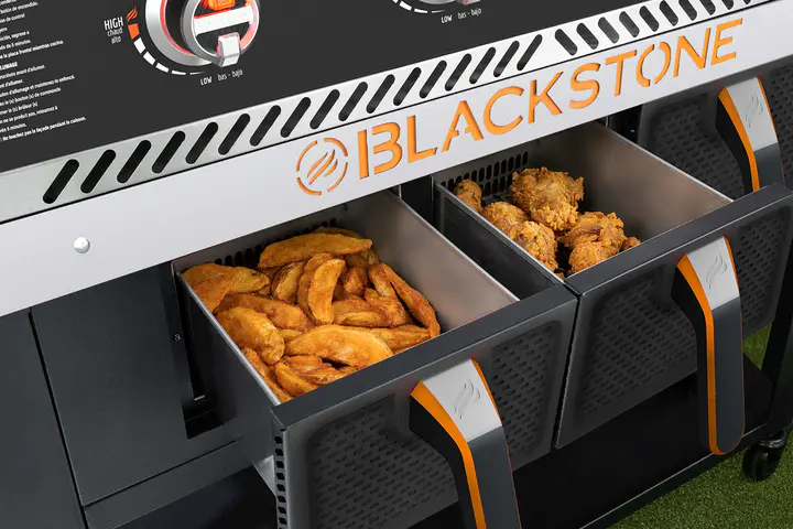 Blackstone 1962 Air Fryer Combo & Two Burners Stainless Steel Gas Hood, Wheels, Two Side Shelf – Heavy Duty Outdoor Griddle Station for Backyard, Patio, 28 inch Black