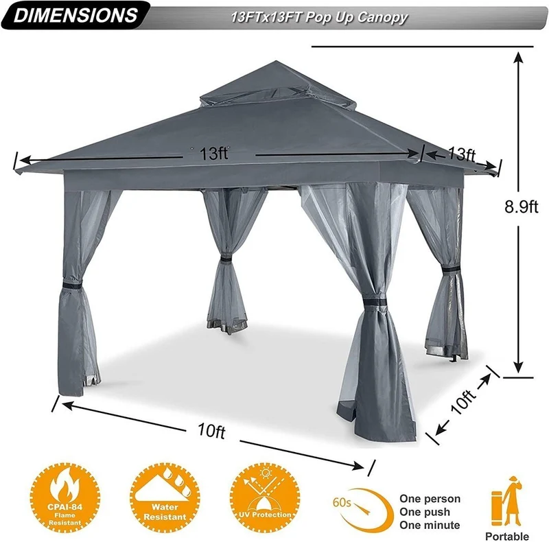 13x13 Gazebo Tent Outdoor Pop up Gazebo Canopy Shelter with Mosquito Netting