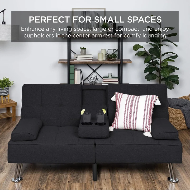 Best Choice Products Linen Upholstered Modern Convertible Folding Futon Sofa Bed for Compact Living Space, Apartment, Dorm, Bonus Room w/Removable Armrests, Metal Legs, 2 Cupholders - Gray