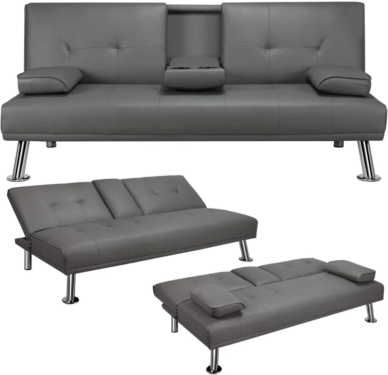 Yaheetech Convertible Sofa Bed Adjustable Couch Sleeper Modern Faux Leather Home Recliner Reversible Loveseat Folding Daybed Guest Bed, Removable Armrests, Cup Holders, 3 Angles, 772lb Capacity, Black