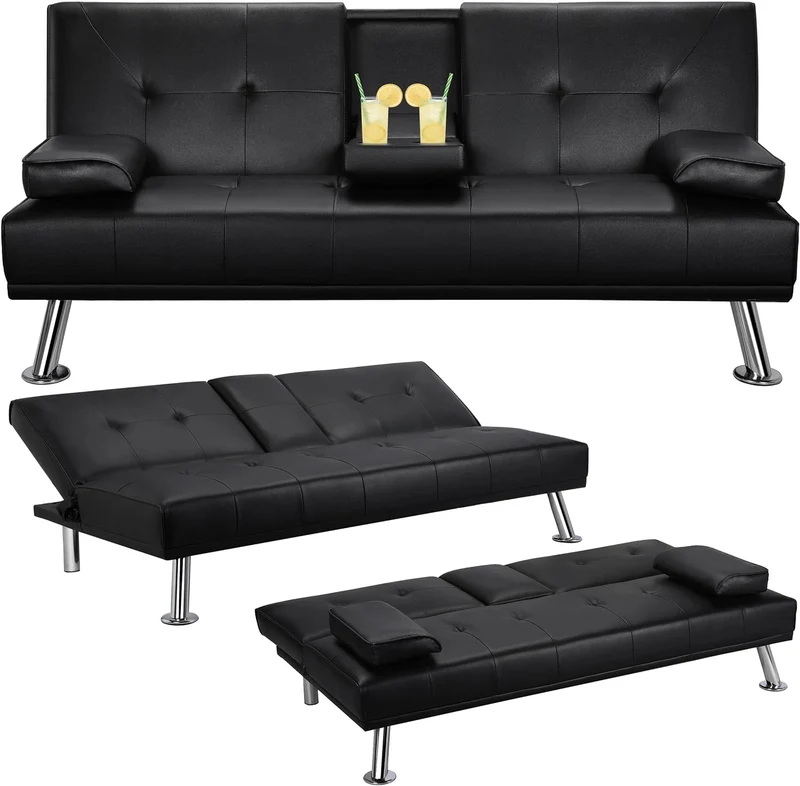 Yaheetech Convertible Sofa Bed Adjustable Couch Sleeper Modern Faux Leather Home Recliner Reversible Loveseat Folding Daybed Guest Bed, Removable Armrests, Cup Holders, 3 Angles, 772lb Capacity, Black