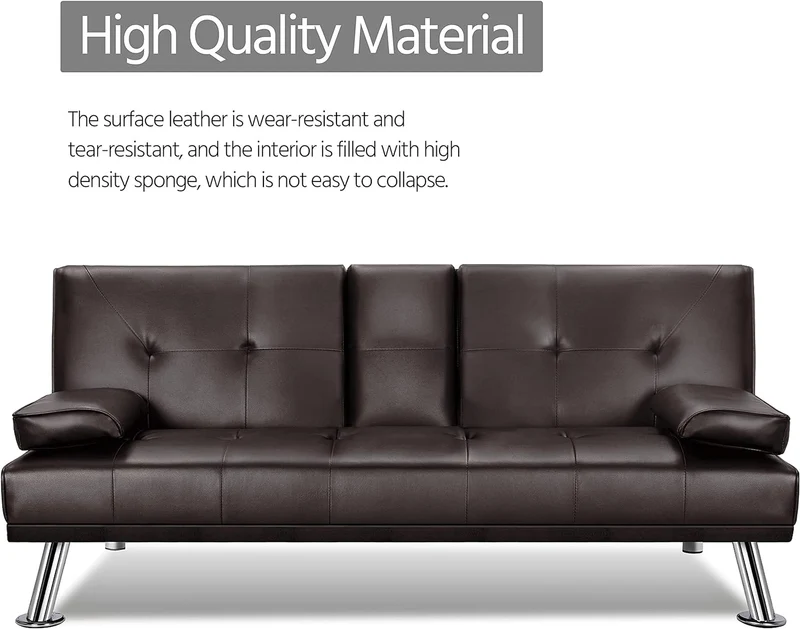 Yaheetech Convertible Sofa Bed Adjustable Couch Sleeper Modern Faux Leather Home Recliner Reversible Loveseat Folding Daybed Guest Bed, Removable Armrests, Cup Holders, 3 Angles, 772lb Capacity, Black