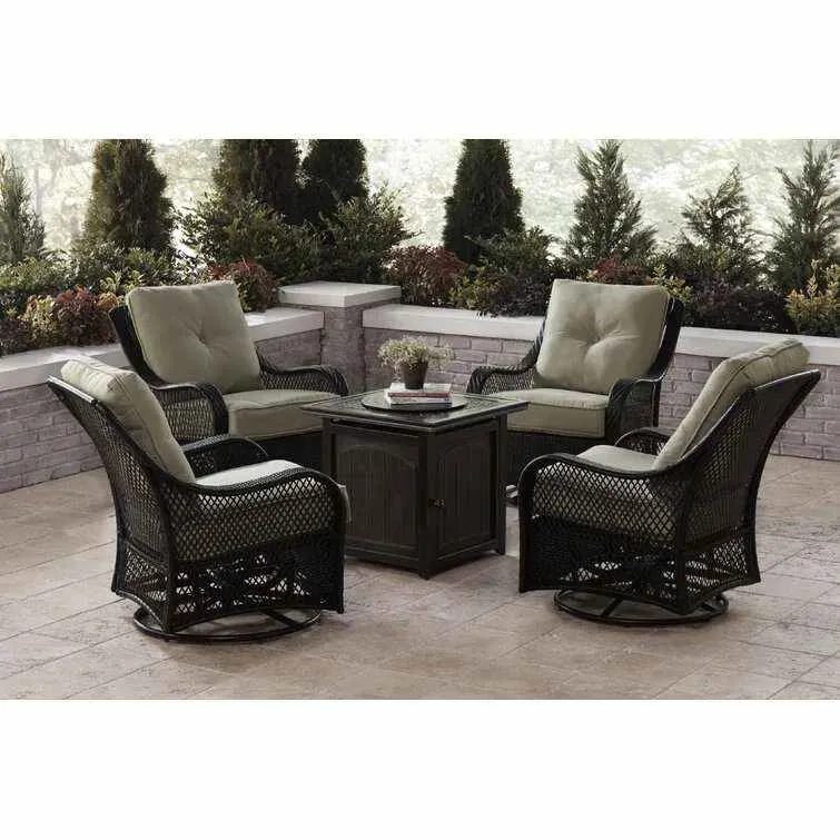 Orleans 5-Piece Steel Patio Fire Pit Conversation Set with Navy Blue Cushions, Swivel Gliders and Square Fire Pit Table