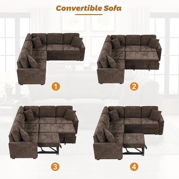 82.6 in. L Shaped Corded Velveteen Modern Sectional Sofa Pull-out Sleeper Sofa in. Brown with USB Ports, Power Sockets