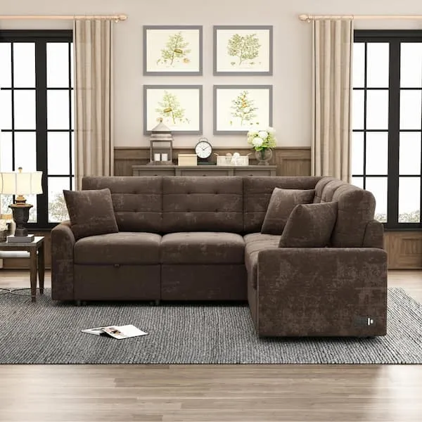 82.6 in. L Shaped Corded Velveteen Modern Sectional Sofa Pull-out Sleeper Sofa in. Brown with USB Ports, Power Sockets