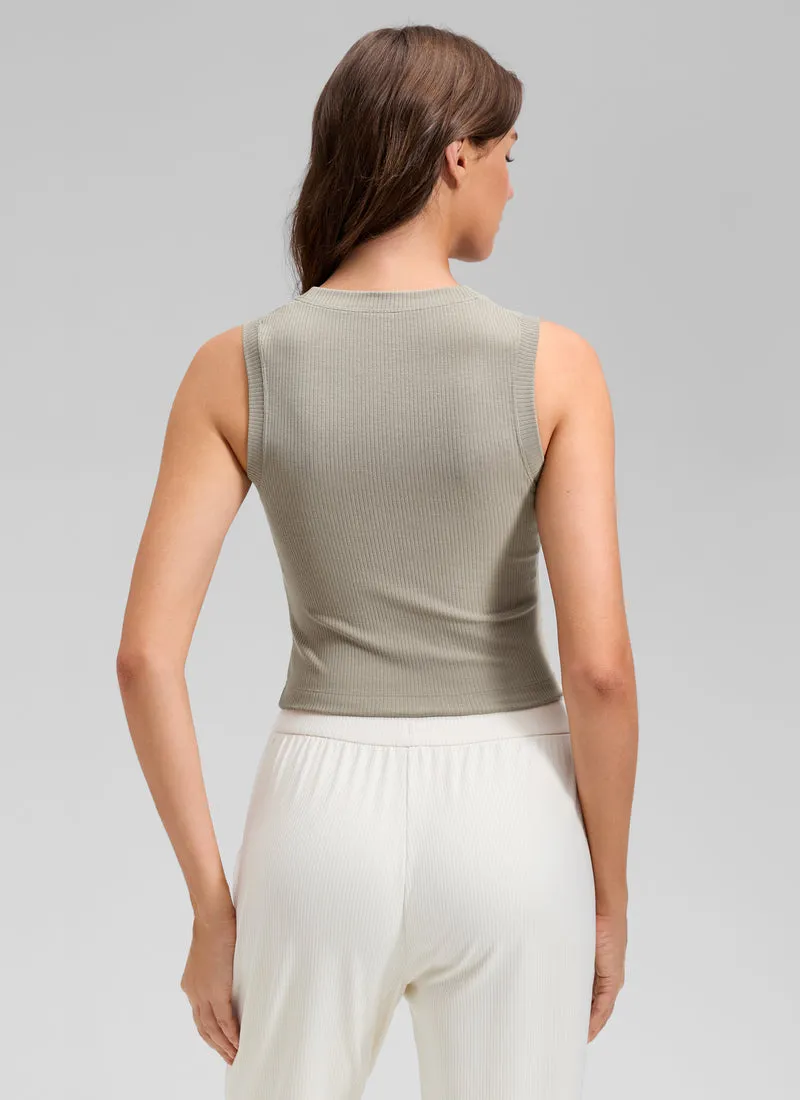 Ribbed Waist Length High Neck Tank