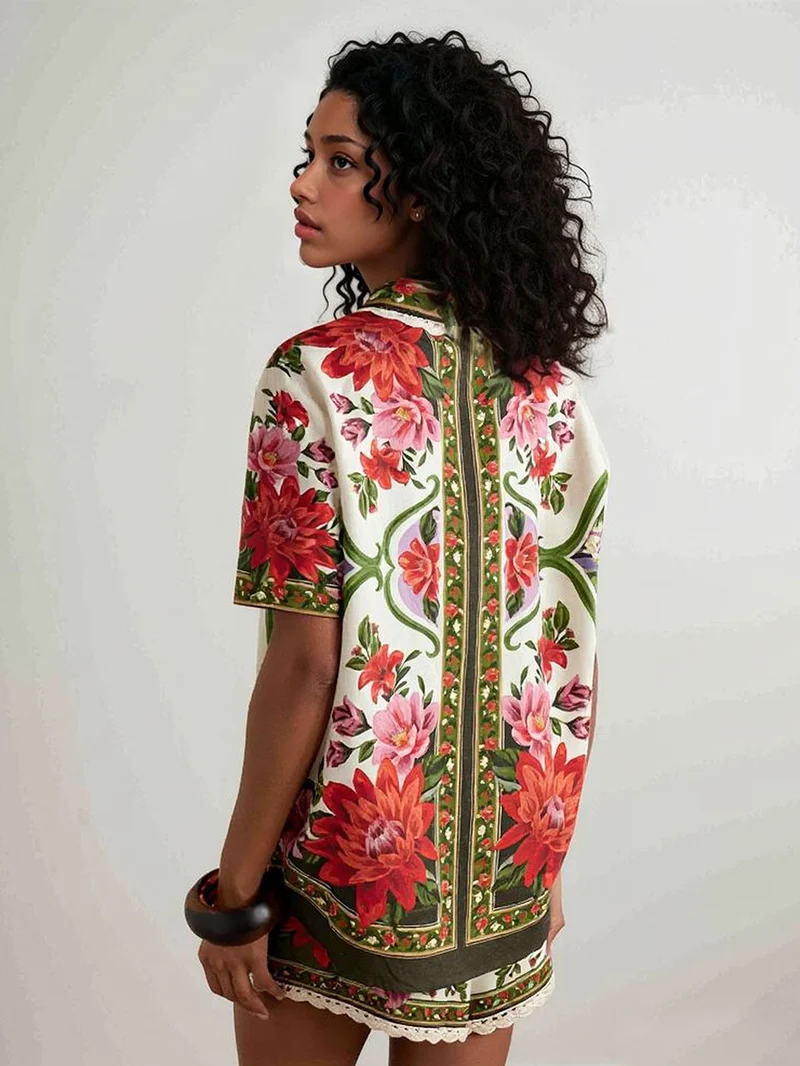 Retro Floral Print Shirt & Shorts Two-Piece Set