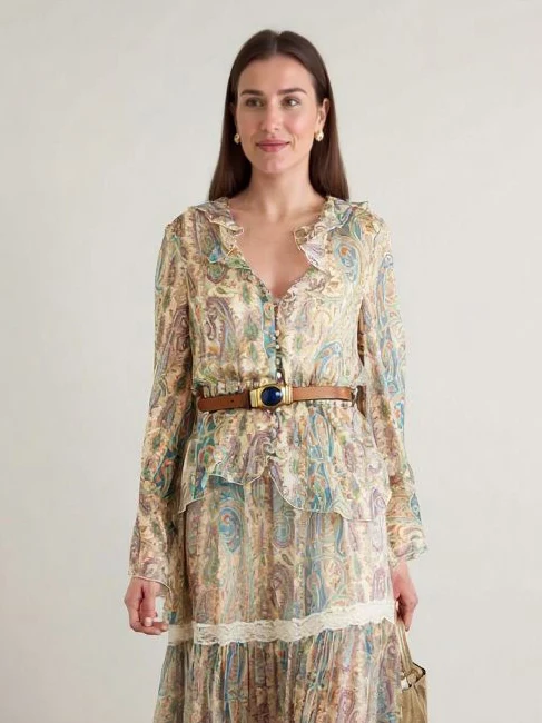 Exquisite Paisley Print Shirt And Skirt Two-piece Set