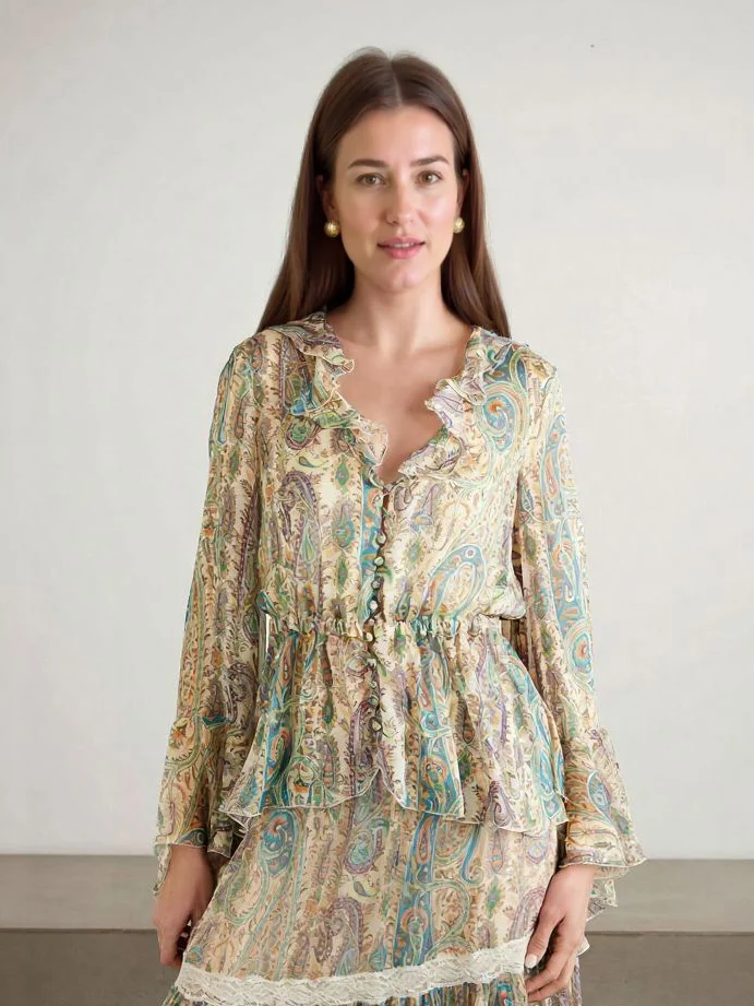 Exquisite Paisley Print Shirt And Skirt Two-piece Set