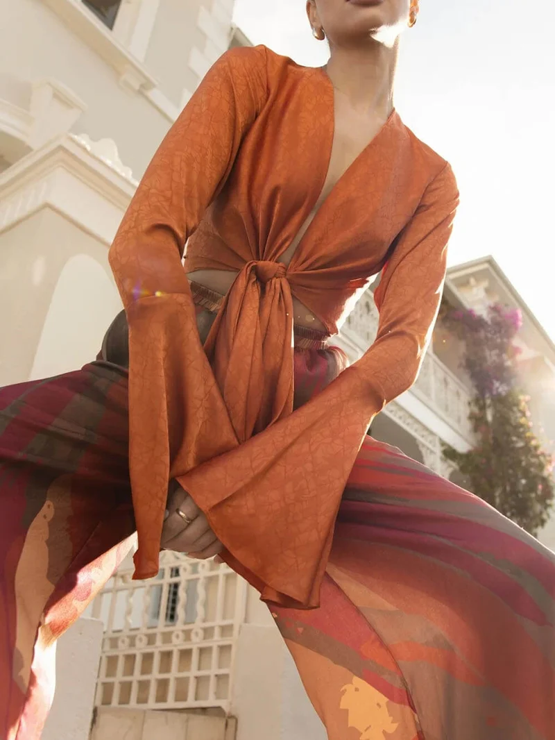 Casual Bell-Sleeve Wrap-Up Tie-Down Top