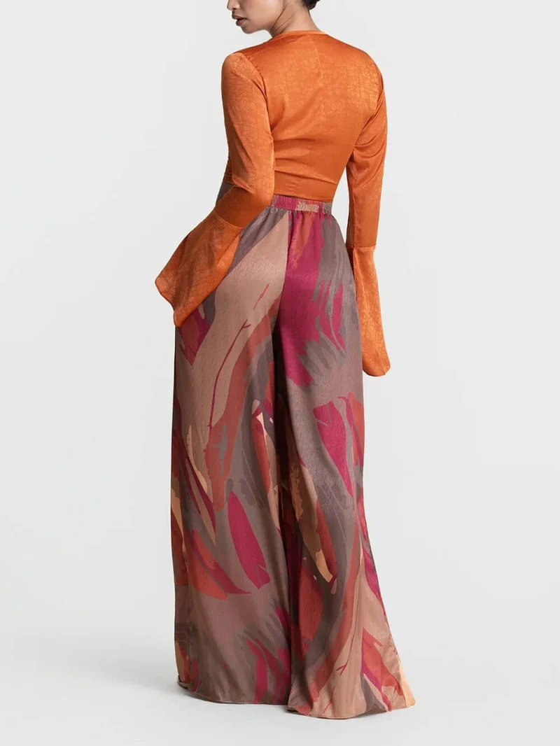 Casual Bell-Sleeve Tie-Up Top with Colorful Print High-Waisted Wide-Leg Pants Set