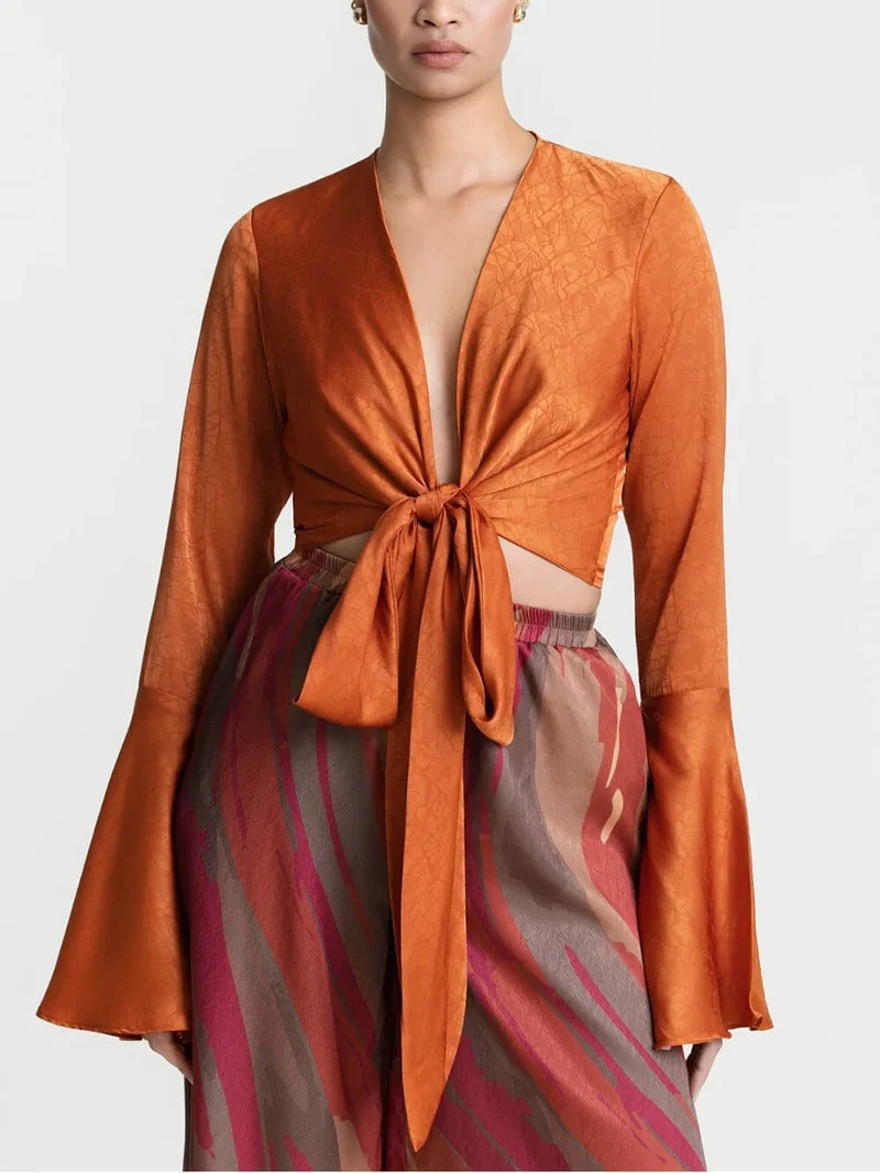 Casual Bell-Sleeve Tie-Up Top with Colorful Print High-Waisted Wide-Leg Pants Set