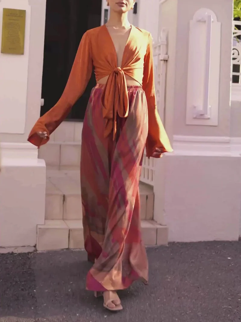 Casual Colorful Printed Loose High-Waisted Wide-Leg Pants