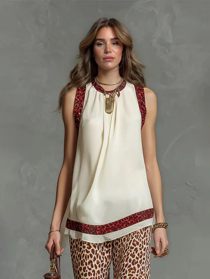 Fashion Leopard Print Chiffon Top And Elastic Waist Wide-Leg Pants Set