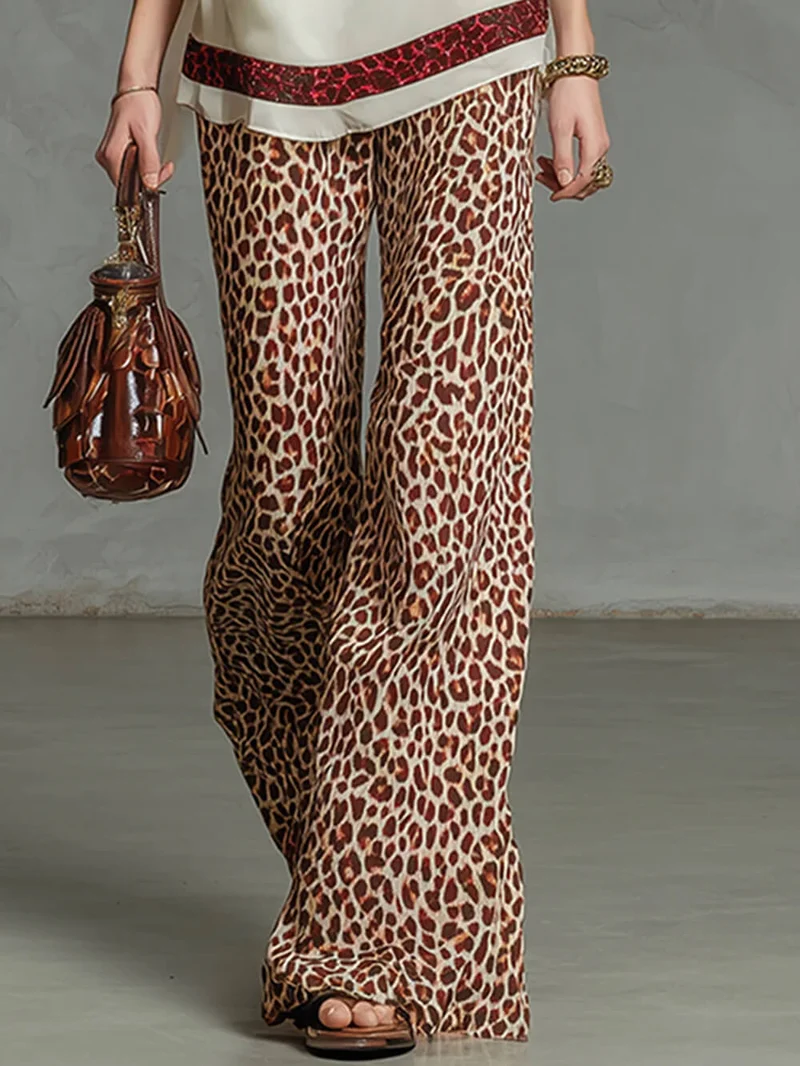 Fashion Leopard Print Chiffon Top And Elastic Waist Wide-Leg Pants Set