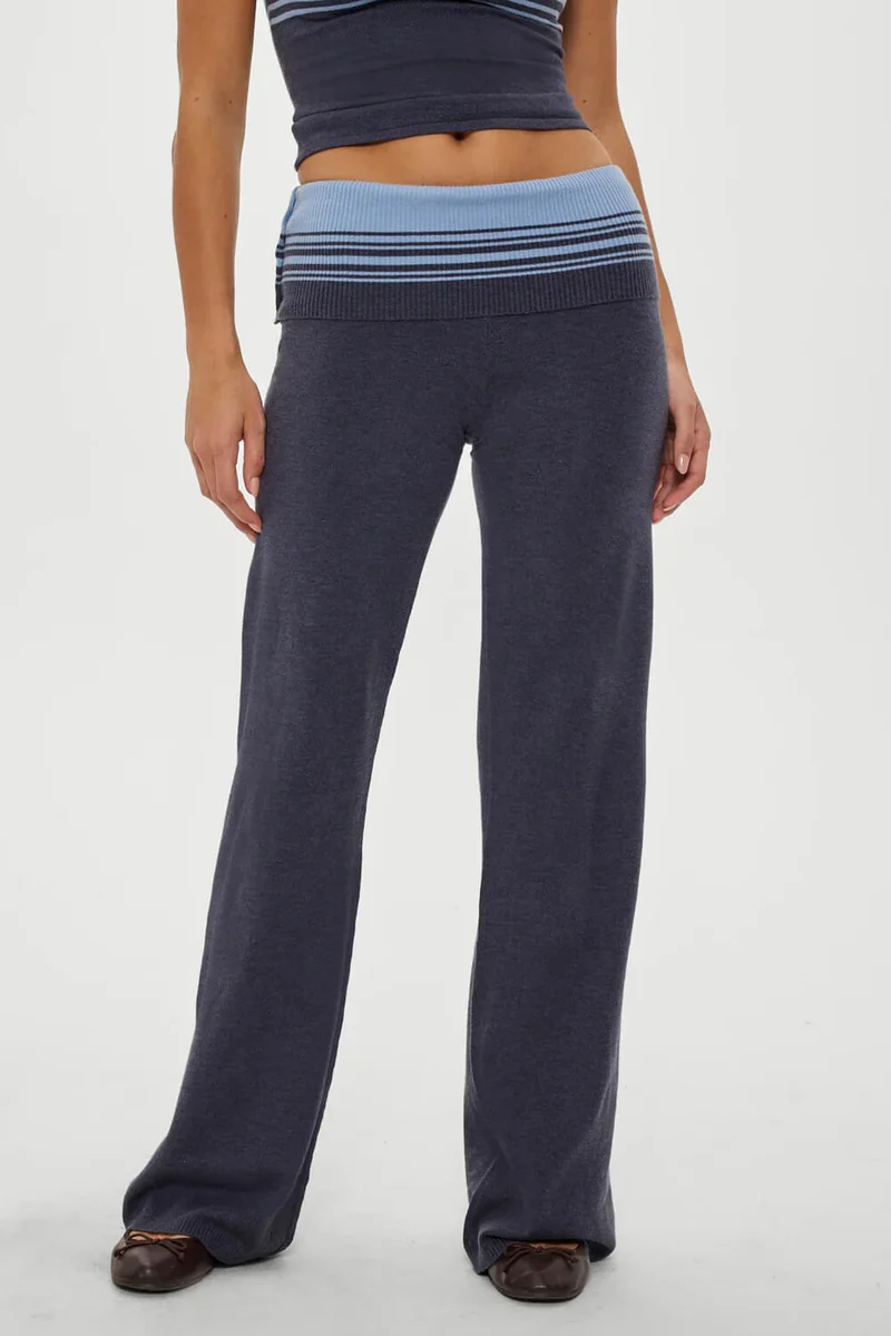 Retro Striped Button-Up Knit Shirt And Low-Rise Knit Pants Set