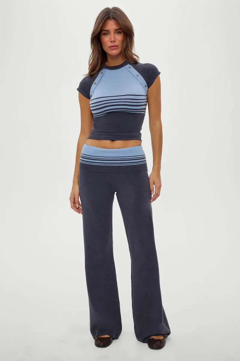 Retro Striped Button-Up Knit Shirt And Low-Rise Knit Pants Set