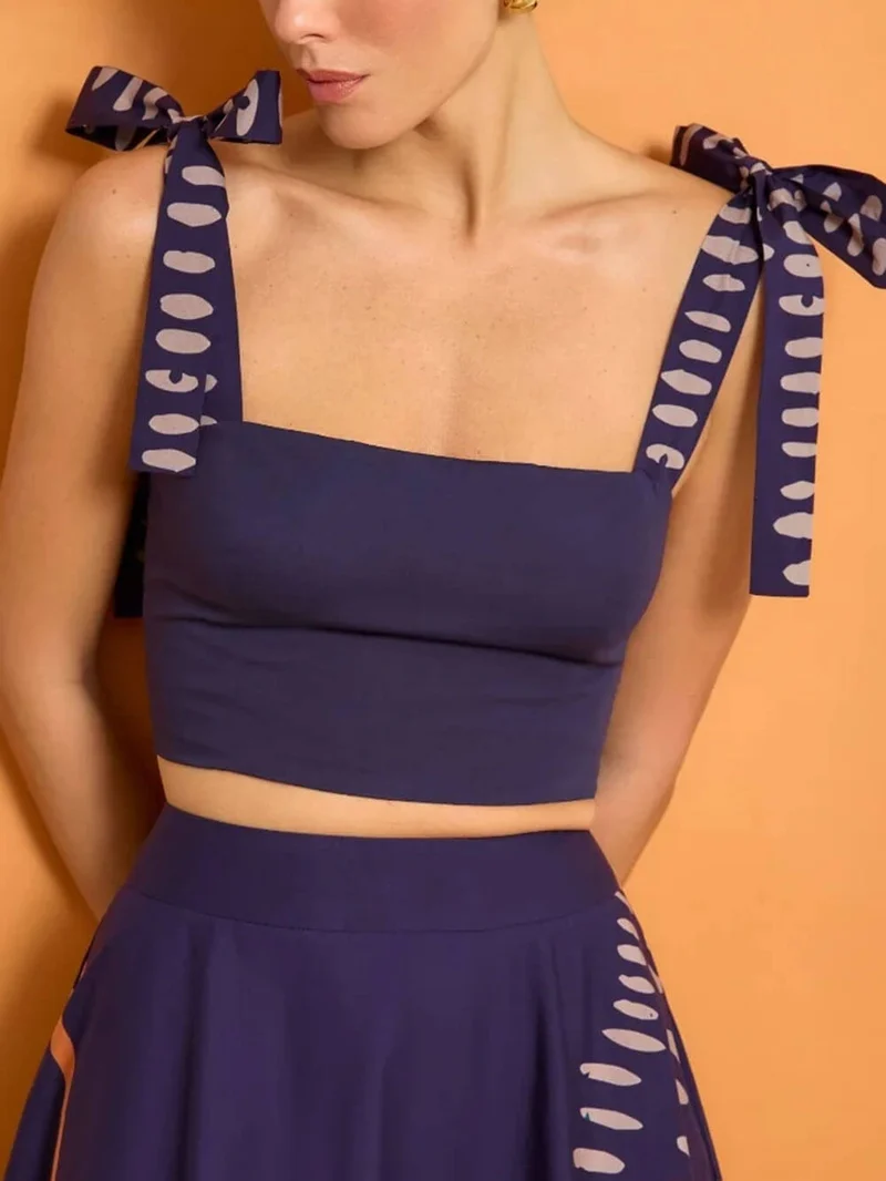 Exquisite Square-Neck Bow Tank Top And Printed A-Line High-Waist Midi Skirt Set