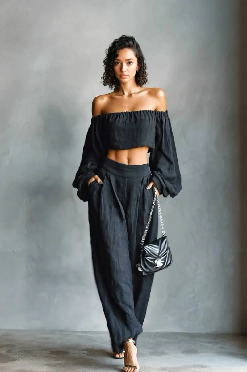 Off-Shoulder Short Top And Wide Leg Pants Set