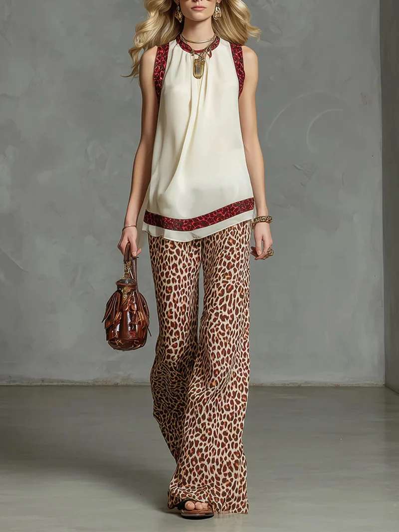 Fashion Leopard Print Elastic Waist Wide-Leg Pants
