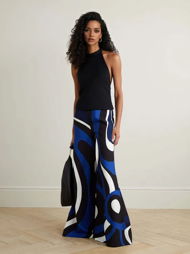Elegant Blue Stripe Print Halter Neck Jumpsuit