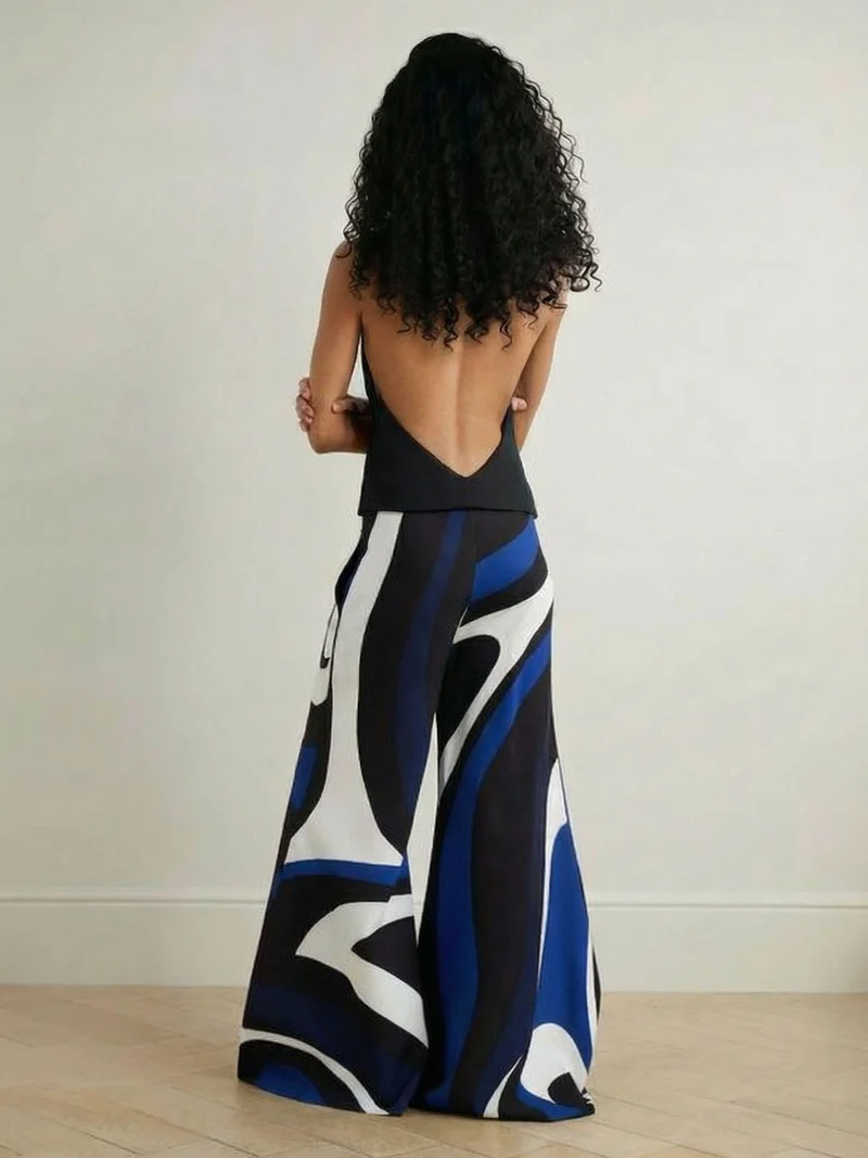 Elegant Blue Stripe Print Halter Neck Jumpsuit