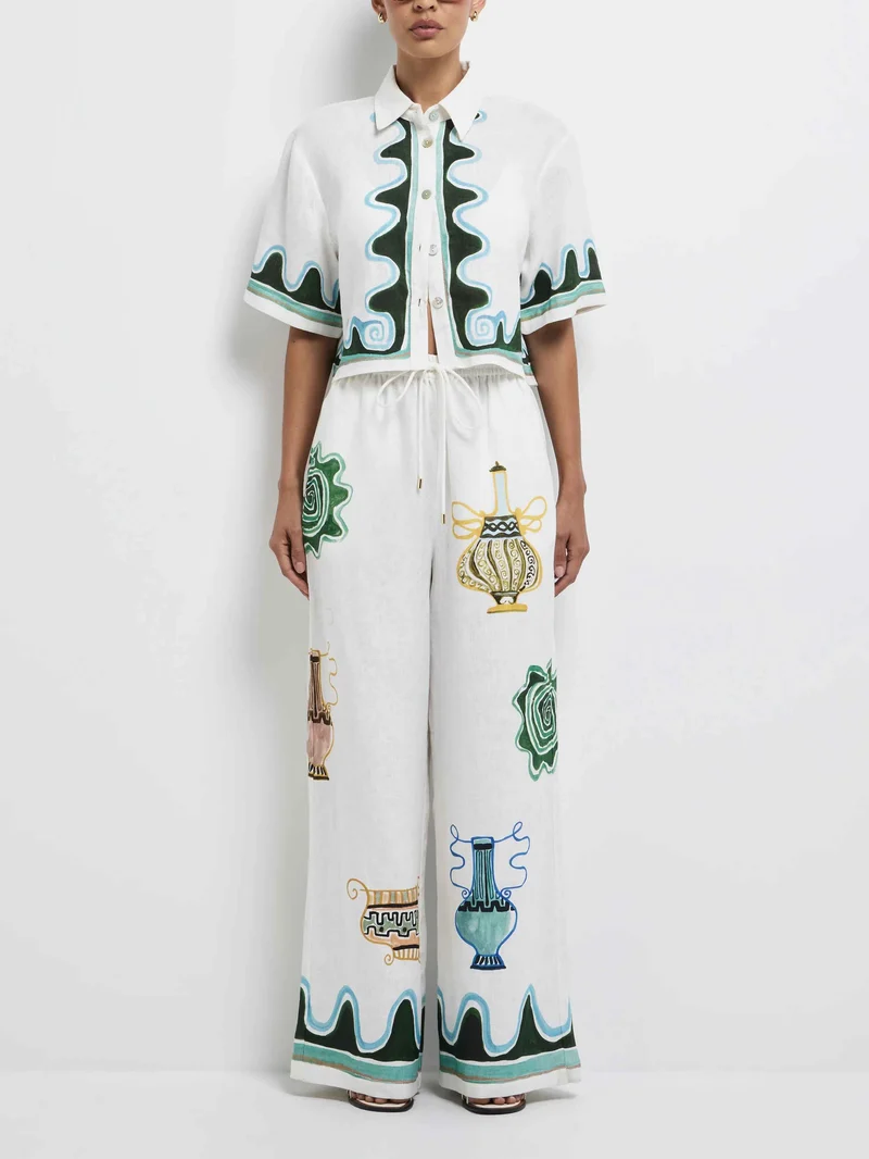 Exquisite Printed Elastic Waist Wide-Leg Pants