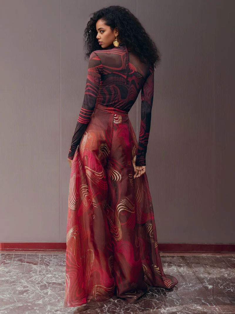 Retro Abstract Print Mesh T-shirt & Wide-leg Pants Two-piece Set