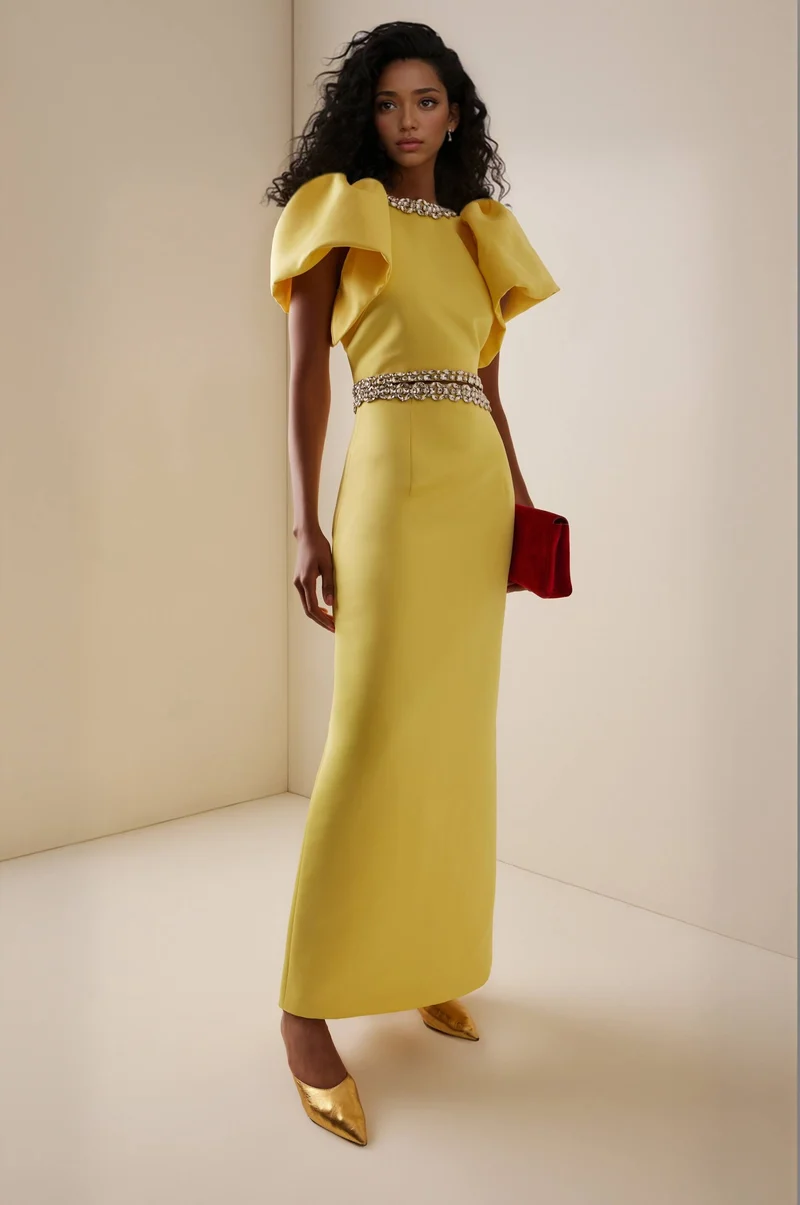 Exquisite Rhinestone-Embellished Puff Sleeve Top And Slit Maxi Skirt Set