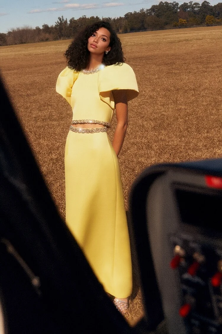 Exquisite Rhinestone-Embellished Puff Sleeve Top And Slit Maxi Skirt Set