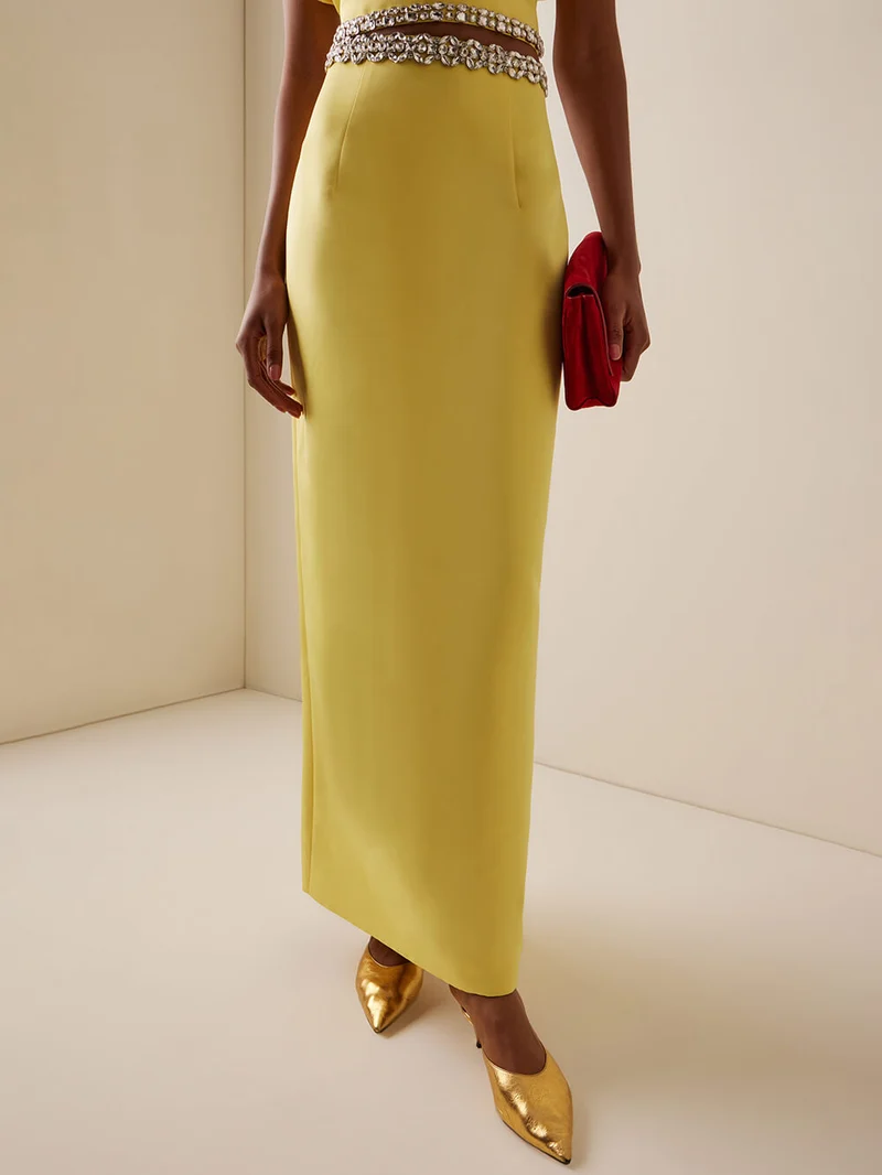 Exquisite Rhinestone-Embellished Puff Sleeve Top And Slit Maxi Skirt Set