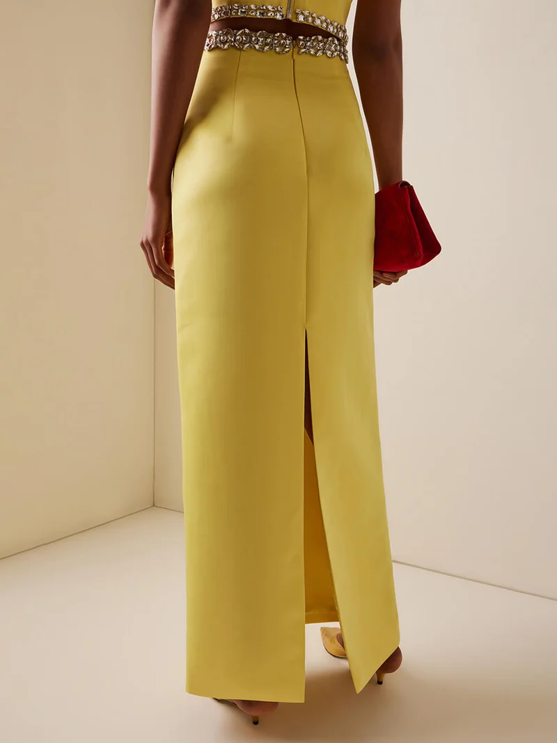 Exquisite Rhinestone-Embellished Puff Sleeve Top And Slit Maxi Skirt Set
