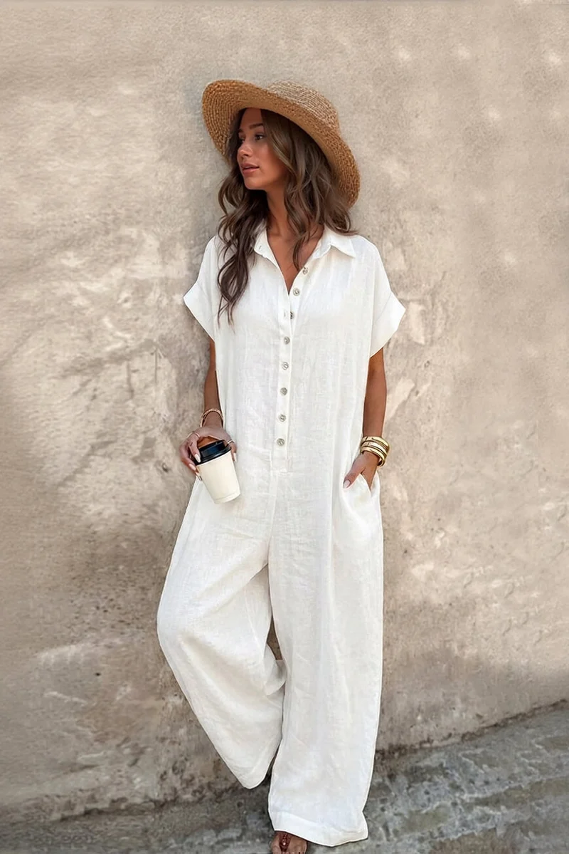 Casual Linen Collared Short-Sleeved Button-Up Front Wide-Leg Jumpsuit