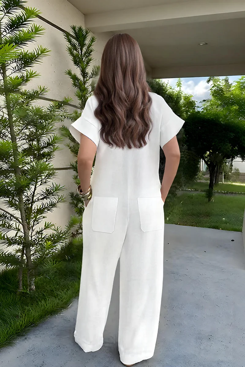 Casual Linen Collared Short-Sleeved Button-Up Front Wide-Leg Jumpsuit