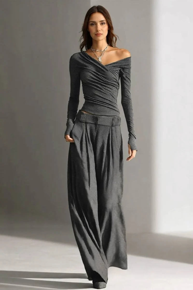 Minimalist V-Neck T-Shirt And Wide Leg Pants Set