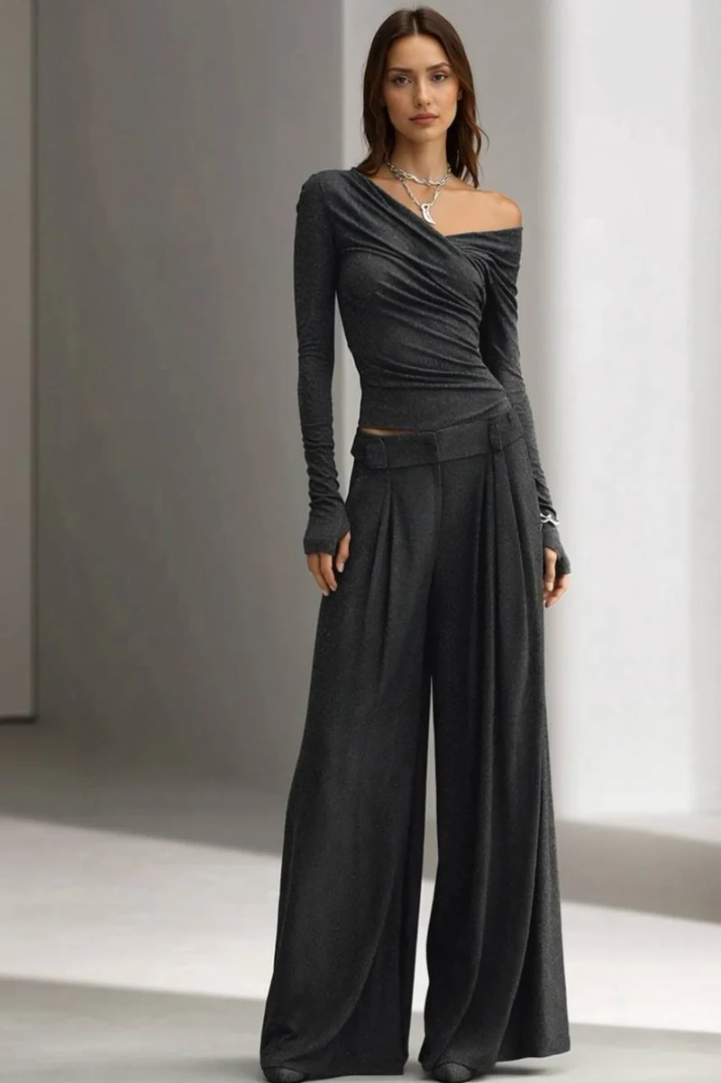 Minimalist V-Neck T-Shirt And Wide Leg Pants Set