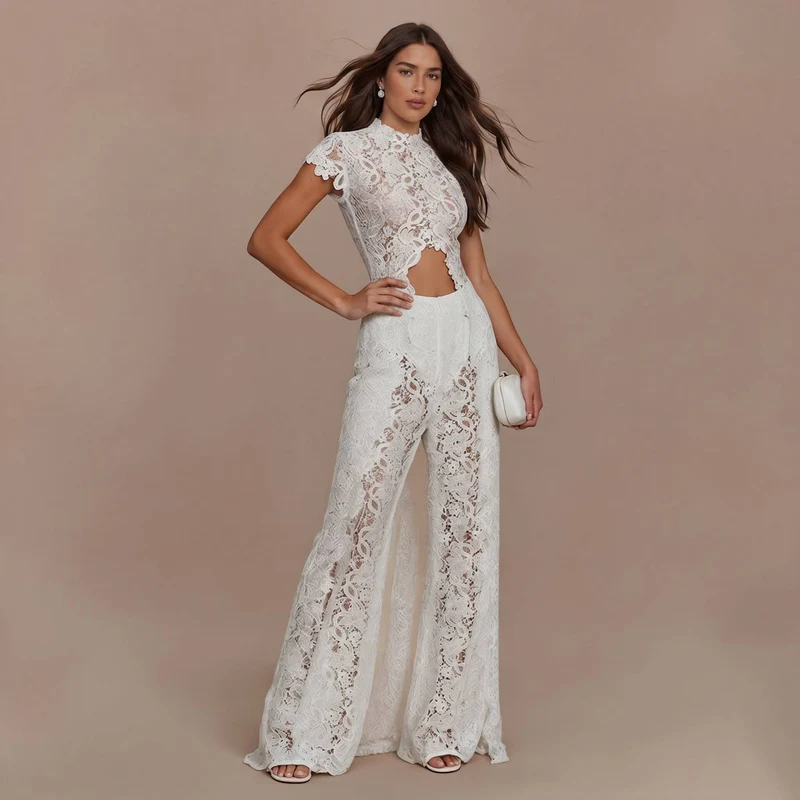 Lace Long-sleeved Top And Wide-leg Pants Set