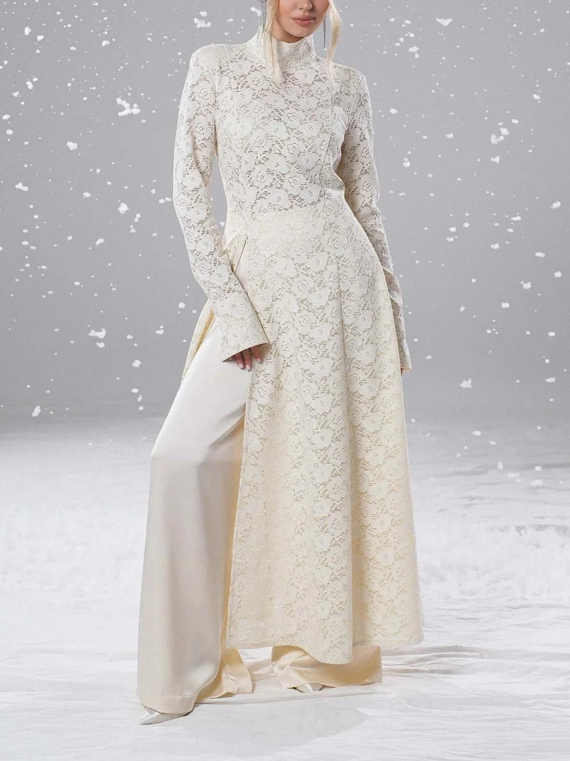 Elegant High-neck Lace Robe & Trousers Two-piece Set