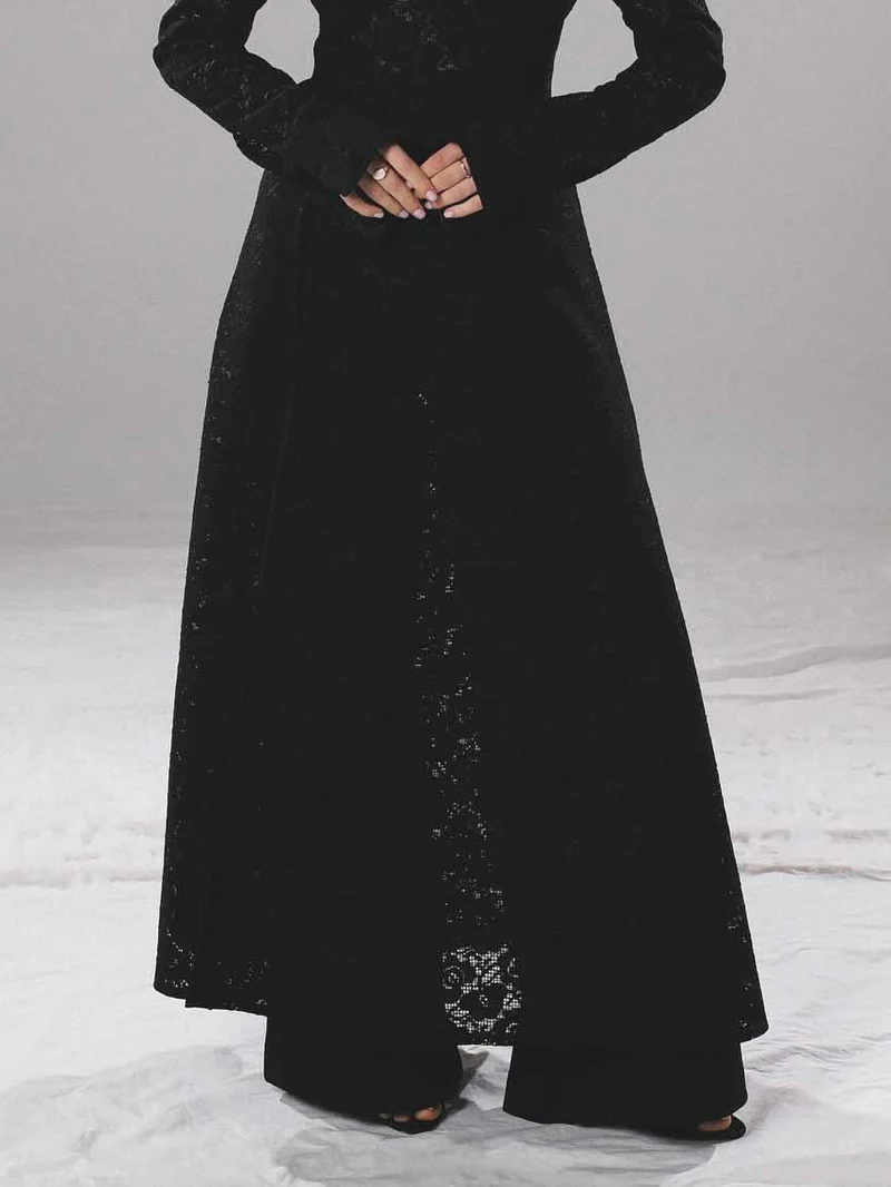 Elegant High-neck Lace Robe & Trousers Two-piece Set