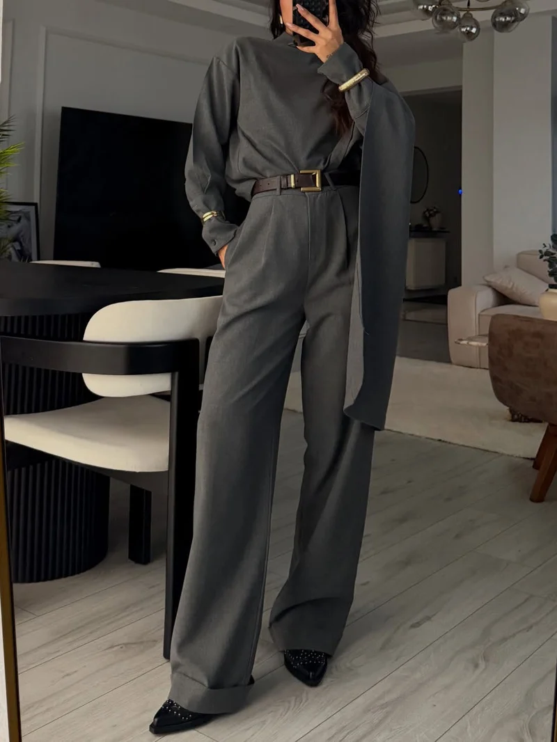 Elegant Draped Shawl Shirt & Wide-Leg Pants Two-Piece Set