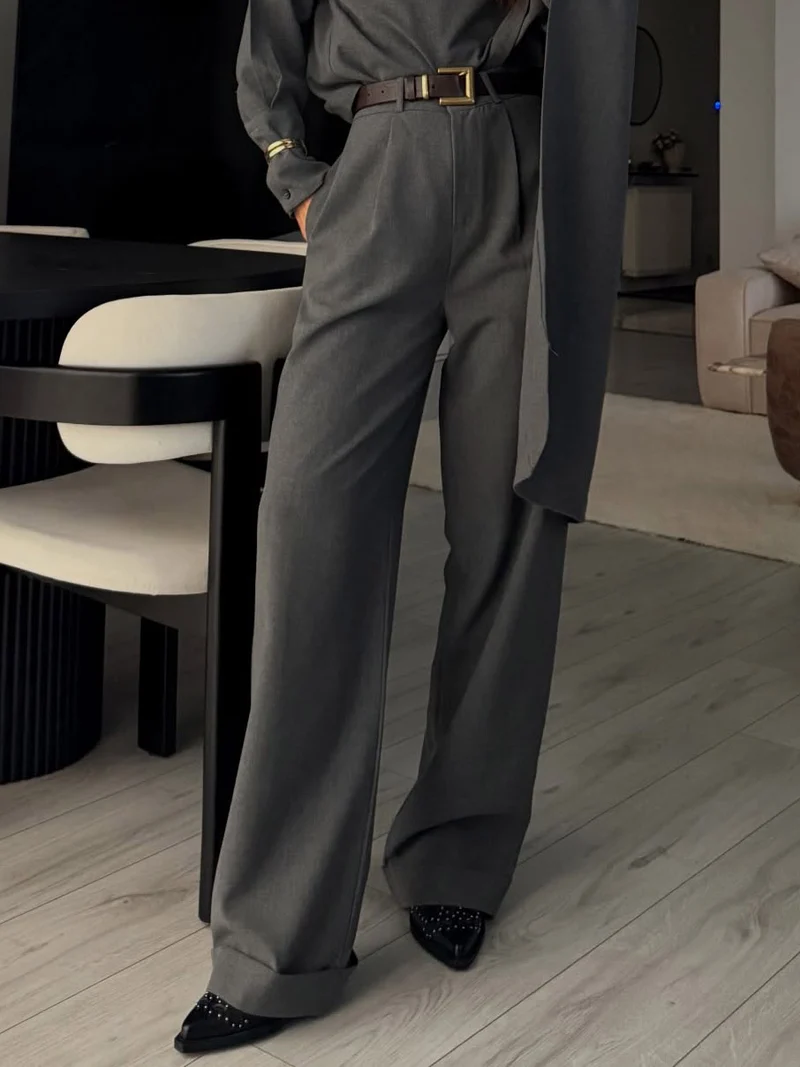 Elegant Draped Shawl Shirt & Wide-Leg Pants Two-Piece Set