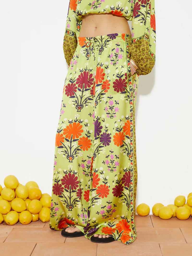 Unique Floral Print Elastic-Waist Wide-Leg Pants