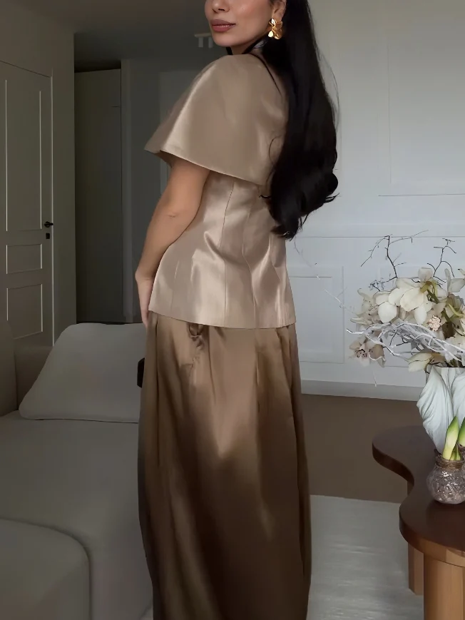 Exquisite Satin Cape Top & Wide-Leg Trousers Two-Piece Set