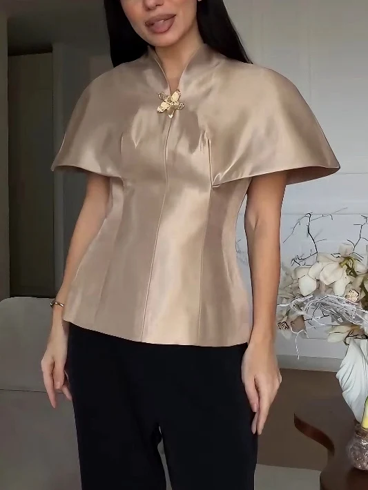 Exquisite Satin Cape Top & Wide-Leg Trousers Two-Piece Set