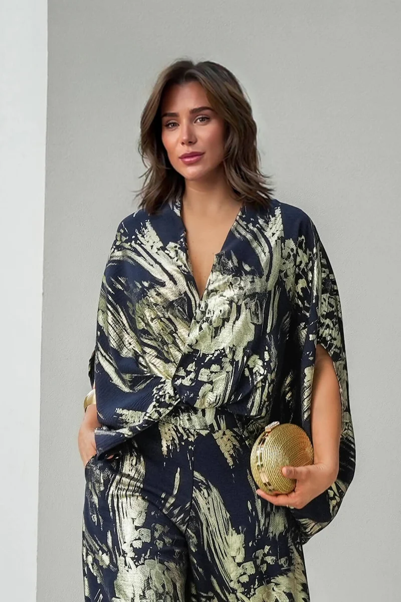 Retro Fashion Ethnic Print Drop-Shoulder Top Elastic Waist Wide-Leg Pants Set