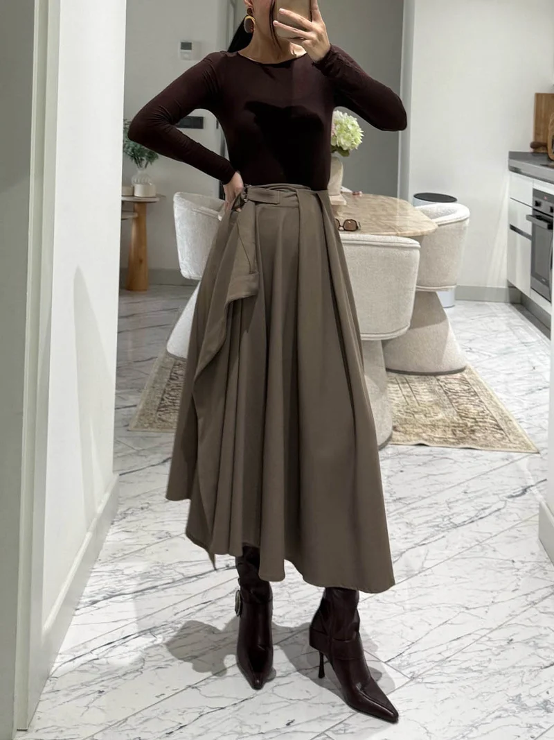 Exquisite Pleated Flared Midi Skirt Two-Piece Set