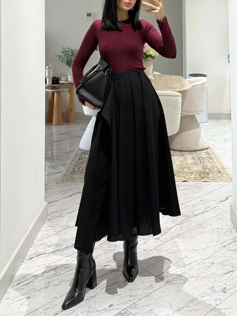 Exquisite Pleated Flared Midi Skirt Two-Piece Set