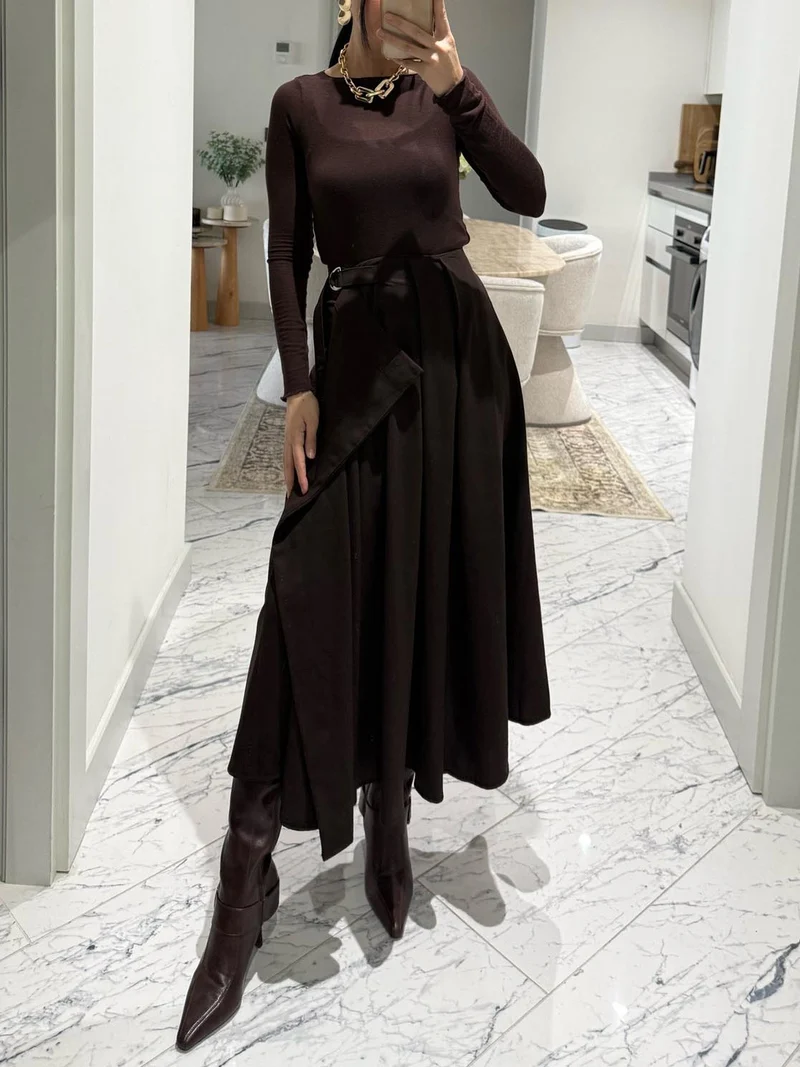 Exquisite Pleated Flared Midi Skirt Two-Piece Set